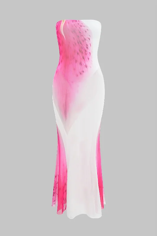 Zip - Front Casual Dresses for Easy On and Off​ Floral Contrast Print Mesh Strapless Sleeveless Maxi Dress
