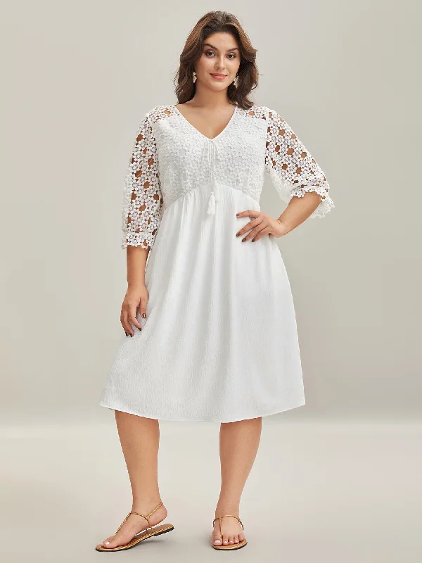 Custom - Made Casual Dresses for a Personalized Fit Sheer Lace Sleeve Pockets Flowy Midi Dress Custom - Made Casual Dresses for a Personalized Fit Sheer Lace Sleeve Pockets Flowy Midi Dress