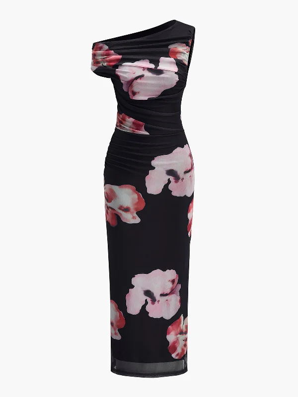 Hat - Friendly Casual Dresses for Outdoor Outfits Asymmetrical Neck Floral Mesh Dress Hat - Friendly Casual Dresses for Outdoor Outfits Asymmetrical Neck Floral Mesh Dress