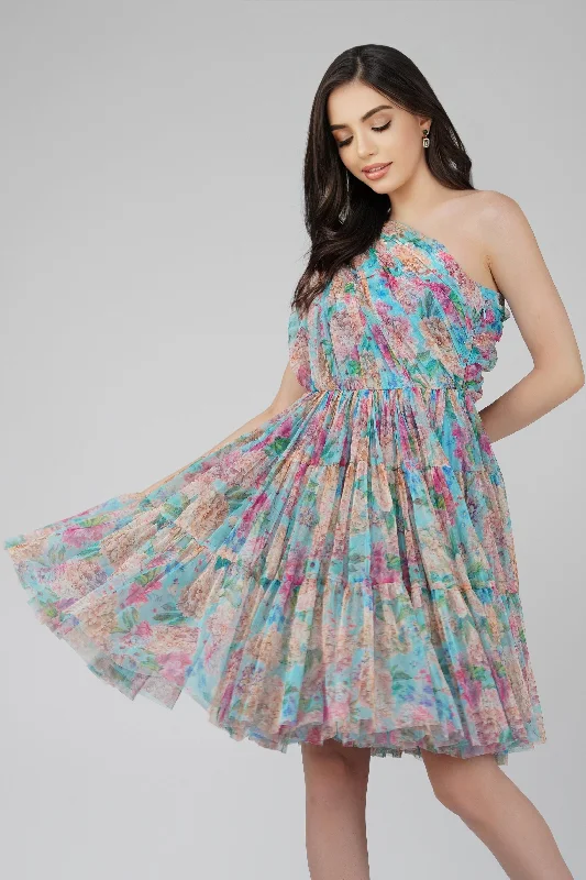 Argyle - Printed Casual Dresses in Pastel Hues Roka Floral One Shoulder Mini Dress in Blue Argyle - Printed Casual Dresses in Pastel Hues Roka Floral One Shoulder Mini Dress in Blue