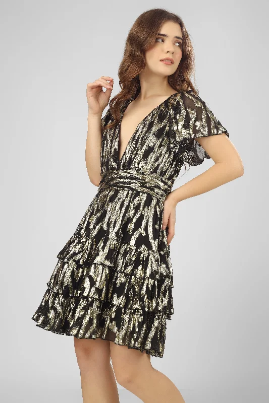 Faux Fur - Lined Casual Dresses for Winter Warmth Madison Black Metallic Printed Mini Dress Faux Fur - Lined Casual Dresses for Winter Warmth Madison Black Metallic Printed Mini Dress
