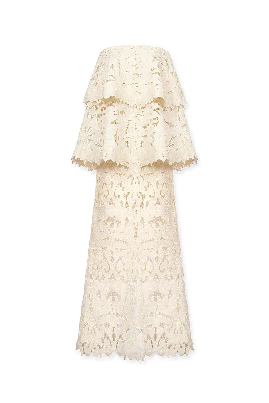 Striped Casual Dresses in Cotton Blend Celina Layered Straight Across Neck Cotton Lace Floor Length Dress Striped Casual Dresses in Cotton Blend Celina Layered Straight Across Neck Cotton Lace Floor Length Dress
