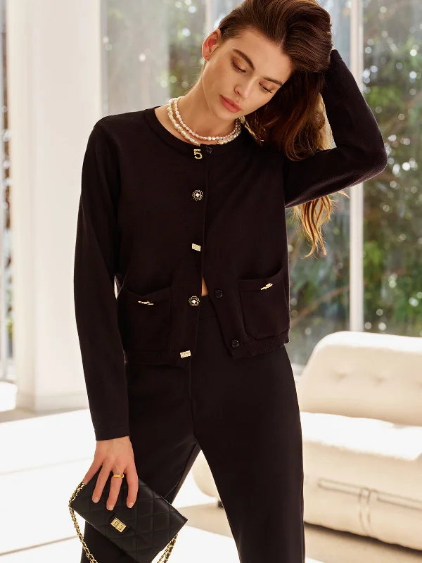 Belted Casual Dresses to Define the Waist​ Wool-Blend Geometric-Button Cardigan