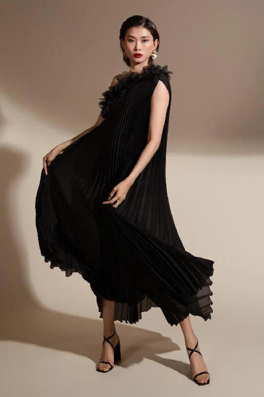 Sleeveless Casual Dresses for Warm Weather​ Marguerite Trapezoid Pleated Organza Floor Length Dress