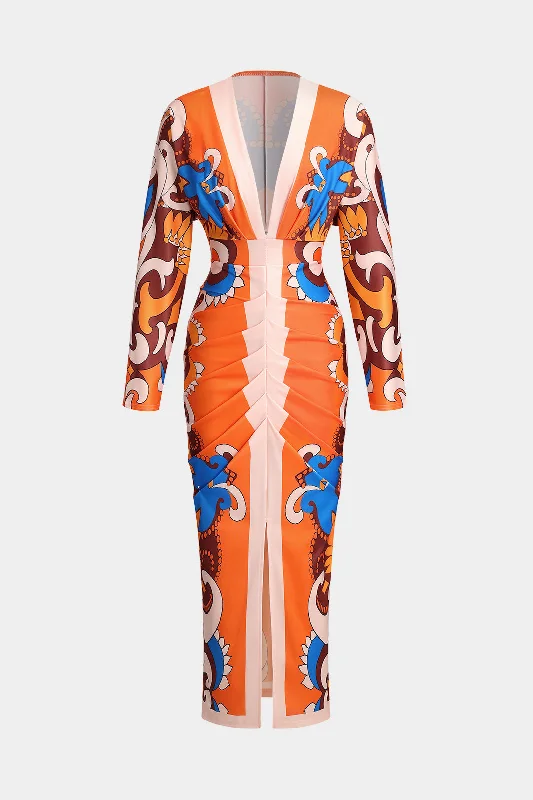 Striped Casual Dresses in Cotton Blend Hawaiian Pattern Ruched V-Neck Long Sleeve Midi Dress Striped Casual Dresses in Cotton Blend Hawaiian Pattern Ruched V-Neck Long Sleeve Midi Dress