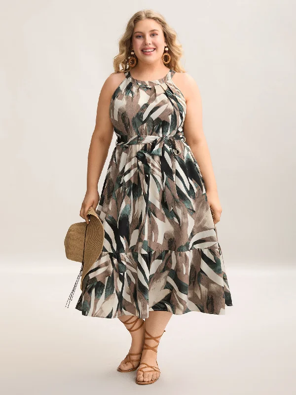 Sequined Casual Dresses for Special Occasions Leaf Print Halter Neck Tiered Midi Dress Sequined Casual Dresses for Special Occasions Leaf Print Halter Neck Tiered Midi Dress