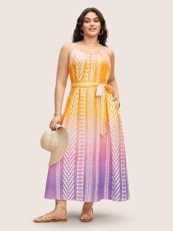 Fall - Style Casual Dresses with Earthy Tones​ Ombre Contrast Geometric Belted Maxi Dress