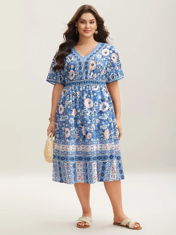 Maxi Casual Dresses for a Relaxed Look​ Boho Print Pockets V-Neck Midi Dress