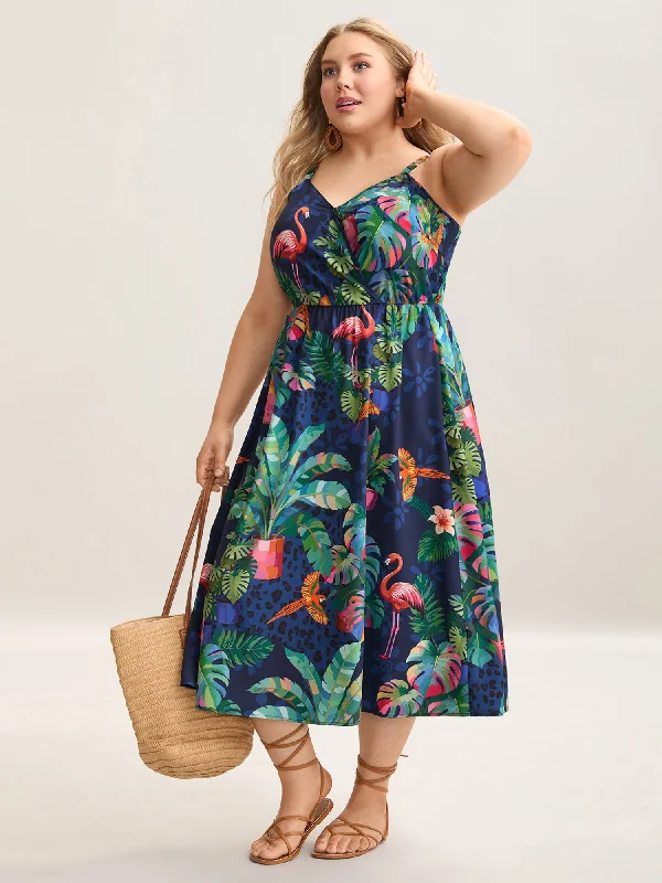 Festival - Inspired Casual Dresses with Bohemian Flair Tropical Pattern Surplice Pockets Midi Dress Festival - Inspired Casual Dresses with Bohemian Flair Tropical Pattern Surplice Pockets Midi Dress