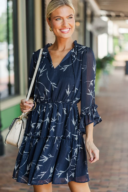 Metallic - Accented Casual Dresses for a Shiny Finish Look Into My Eyes Navy Blue Floral Dress Metallic - Accented Casual Dresses for a Shiny Finish Look Into My Eyes Navy Blue Floral Dress
