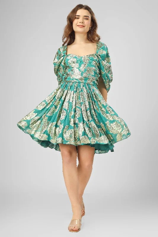 Work - from - Home Casual Dresses for Comfort and Style Sydney Metallic Printed Mini Dress in Aqua Green Work - from - Home Casual Dresses for Comfort and Style Sydney Metallic Printed Mini Dress in Aqua Green