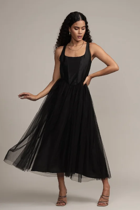 Travel - Friendly Casual Dresses for Comfort on the Go Gaela Mesh Midi Dress in Black Travel - Friendly Casual Dresses for Comfort on the Go Gaela Mesh Midi Dress in Black