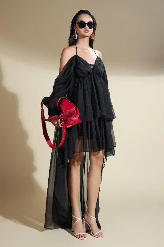 Metallic - Accented Casual Dresses for a Shiny Finish Odette Asymmetric Cold Shoulder Sleeved Organza Voile High-low Dress Metallic - Accented Casual Dresses for a Shiny Finish Odette Asymmetric Cold Shoulder Sleeved Organza Voile High-low Dress