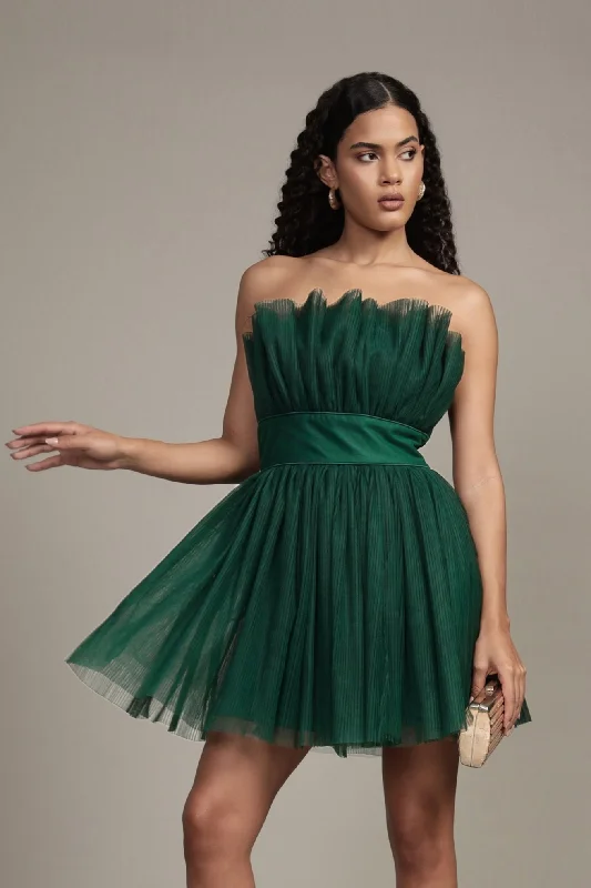 Geometric - Patterned Casual Dresses for a Modern Style Nanita Pleated Mini Dress in Emerald Green Geometric - Patterned Casual Dresses for a Modern Style Nanita Pleated Mini Dress in Emerald Green