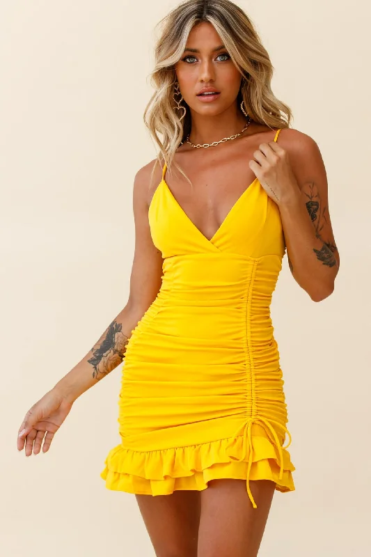 Mini dresses with one - shoulder designs Earth Angel Drawstring Feature Ruched Party Dress Yellow Mini dresses with one - shoulder designs Earth Angel Drawstring Feature Ruched Party Dress Yellow