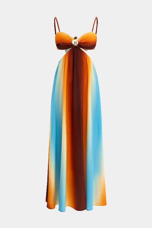 Detachable - Sleeve Casual Dresses for Versatility Rainbow Ombre Print Chiffon Maxi Dress Detachable - Sleeve Casual Dresses for Versatility Rainbow Ombre Print Chiffon Maxi Dress