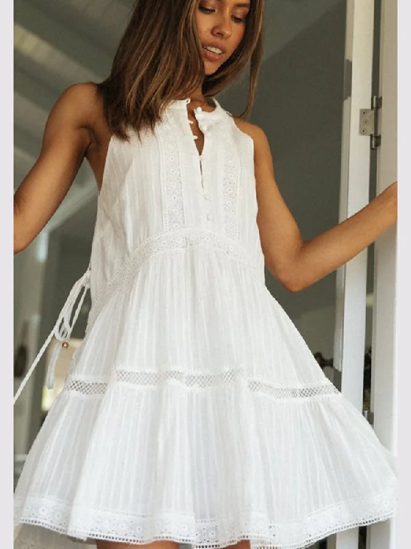 Mini dresses with high - low hems for a modern twist FashionSierra - Lace Patchwork Sleeveless O-Neck Holiday Beach Mini Dress