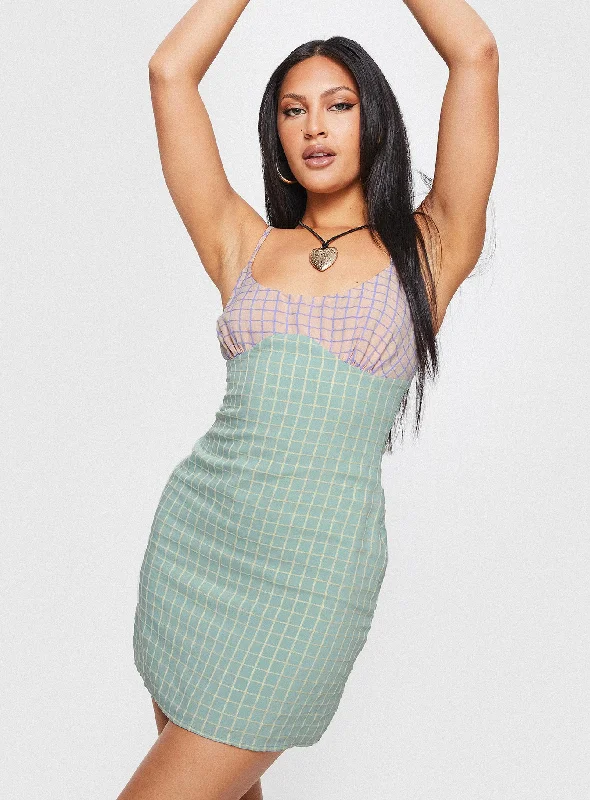 Mini dresses with geometric prints for a modern aesthetic Bumbles Check Mini Dress Pink / Green Mini dresses with geometric prints for a modern aesthetic Bumbles Check Mini Dress Pink / Green
