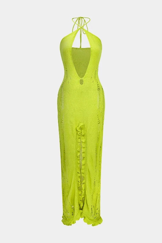 Quick - Dry Casual Dresses for Travel and Outdoor Use Ruffle Backless Cut Out Tie Up Slit Maxi Dress Quick - Dry Casual Dresses for Travel and Outdoor Use Ruffle Backless Cut Out Tie Up Slit Maxi Dress