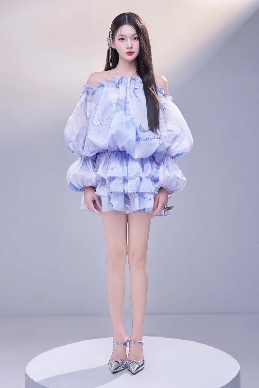 Long - Sleeve Casual Dresses in Lightweight Fabrics Clouds Blouson Halter Neck Organza Mini Dress Long - Sleeve Casual Dresses in Lightweight Fabrics Clouds Blouson Halter Neck Organza Mini Dress