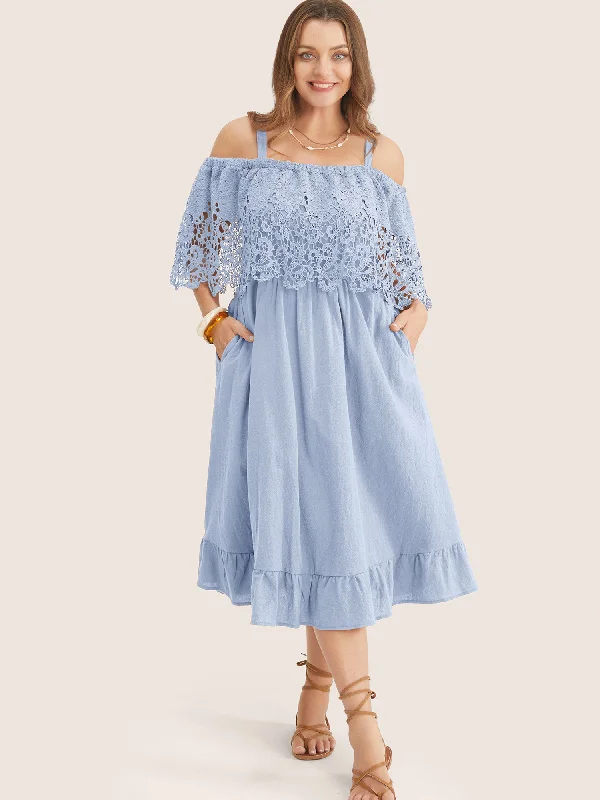 Concert - Wear Casual Dresses with a Fun Style Solid Cold Shoulder Contrast Lace Pocket Ruffle Hem Dress Concert - Wear Casual Dresses with a Fun Style Solid Cold Shoulder Contrast Lace Pocket Ruffle Hem Dress