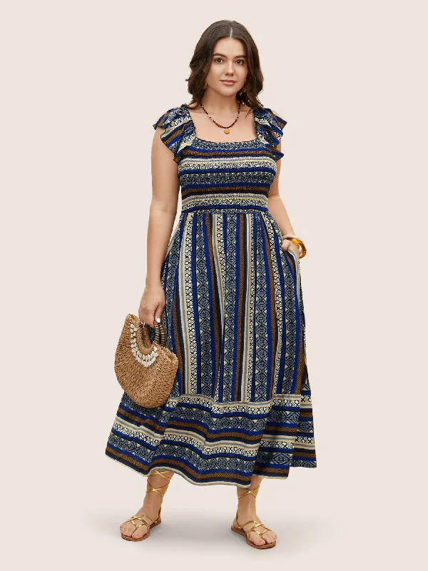 Sun - Protective Casual Dresses for Outdoor Activities Bandana Striped Shirred Ruffle Trim Dress Sun - Protective Casual Dresses for Outdoor Activities Bandana Striped Shirred Ruffle Trim Dress