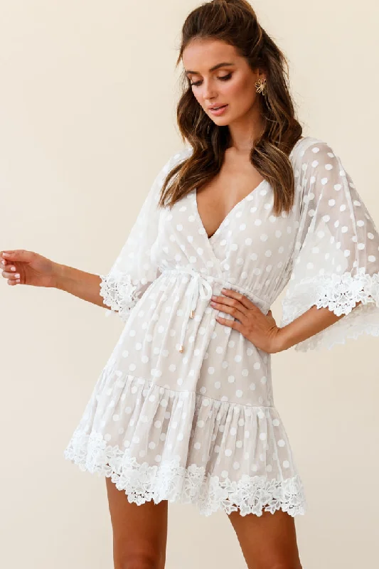 Mini dresses with tassel accents for a fun touch Dream On Flared Sleeve Lace Trim Polka Dot Mesh Dress White Mini dresses with tassel accents for a fun touch Dream On Flared Sleeve Lace Trim Polka Dot Mesh Dress White