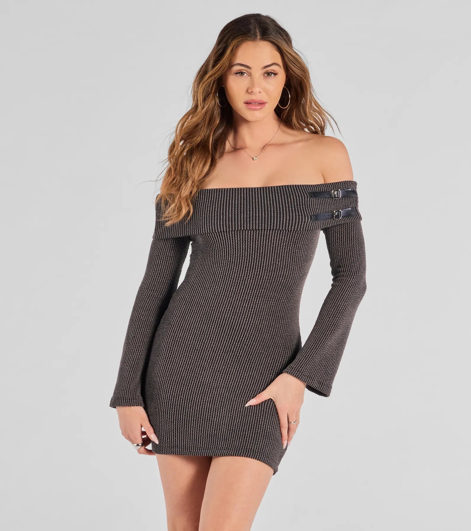 Anti - Wrinkle Casual Dresses for Easy Maintenance Buckled Beauty Off-The-Shoulder Knit Mini Dress Anti - Wrinkle Casual Dresses for Easy Maintenance Buckled Beauty Off-The-Shoulder Knit Mini Dress