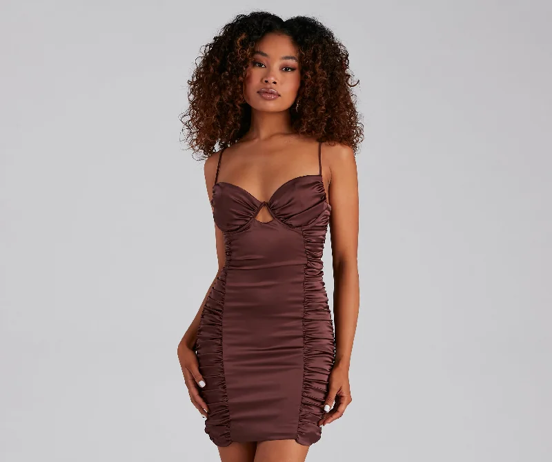 Denim mini dresses with distressed details Sparks Fly Ruched Satin Mini Dress