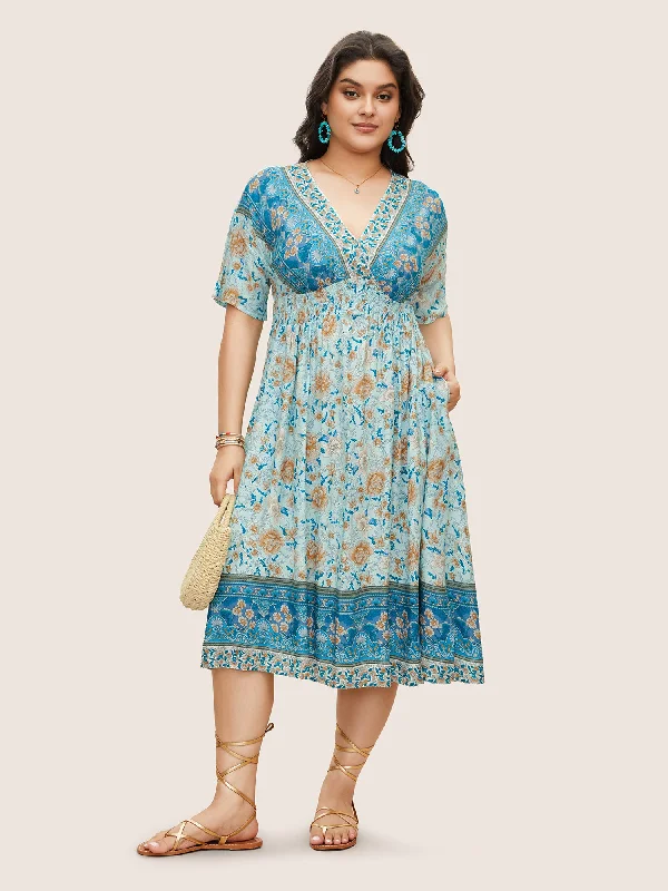 Garden Party Casual Dresses with Floral Motifs Floral Dolman Sleeve Ruffles Shirred Split Hem Dress Garden Party Casual Dresses with Floral Motifs Floral Dolman Sleeve Ruffles Shirred Split Hem Dress