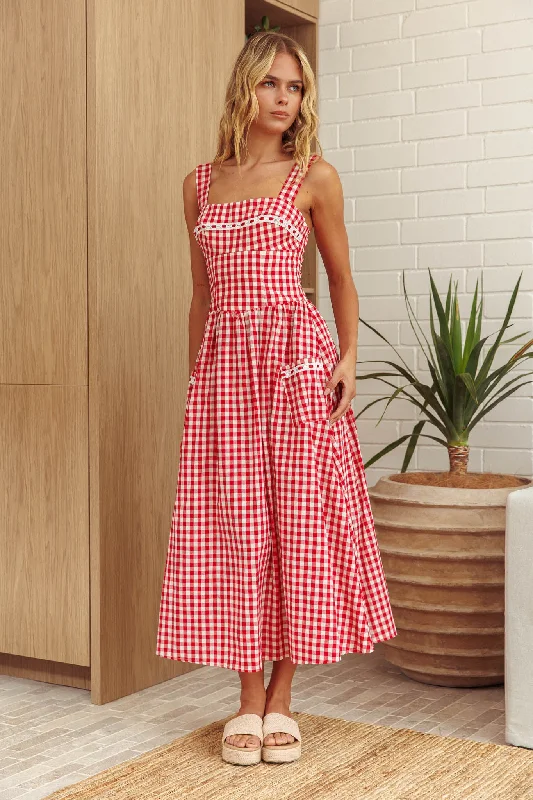 Sun - Protective Casual Dresses for Outdoor Activities Elderflower Front Pocket Maxi Dress Gingham Red Sun - Protective Casual Dresses for Outdoor Activities Elderflower Front Pocket Maxi Dress Gingham Red
