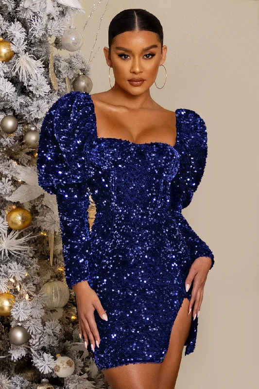 Mini dresses with ruched bodices for a feminine touch FashionSierra - Solid Sequins Square Neck Puff Sleeve Club Mini Dress