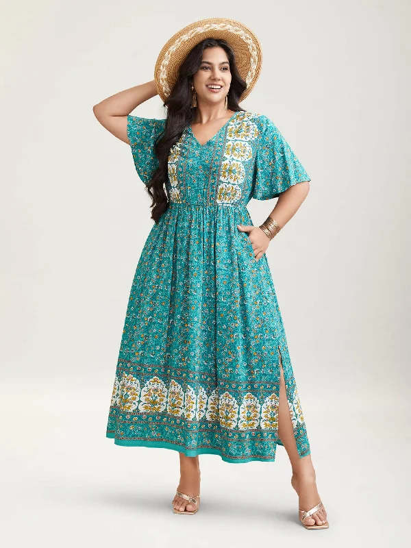 Post - Partum Casual Dresses for New Moms​ Boho Floral Print V-Neck Maxi Dress