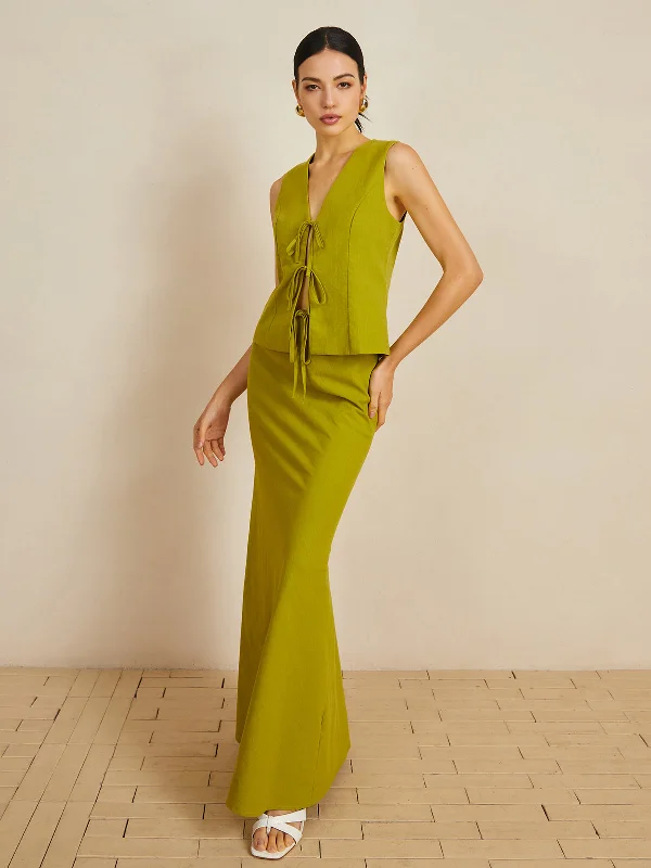 Two - Piece Casual Dresses for a Modular Look​ Cotton V-Neck Tie Front Skirt Set
