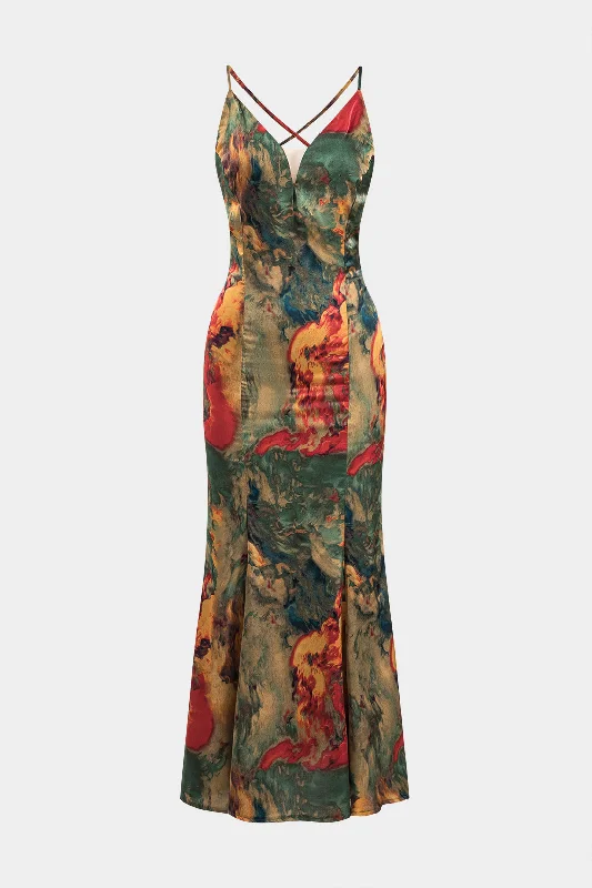 Brand - Specific Casual Dresses from Popular Labels​ Watercolor Print Satin Backless Tie Back Slip Maxi Dress