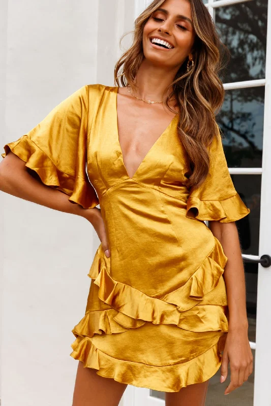 Mini dresses with one - shoulder designs Miss Coco Angel Sleeve Ruffle Trim Dress Mustard Mini dresses with one - shoulder designs Miss Coco Angel Sleeve Ruffle Trim Dress Mustard