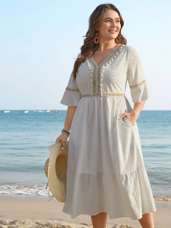 Polyester - Cotton Blend Casual Dresses Tassel Textured Stretchy Waist Pockets Midi Dress Polyester - Cotton Blend Casual Dresses Tassel Textured Stretchy Waist Pockets Midi Dress
