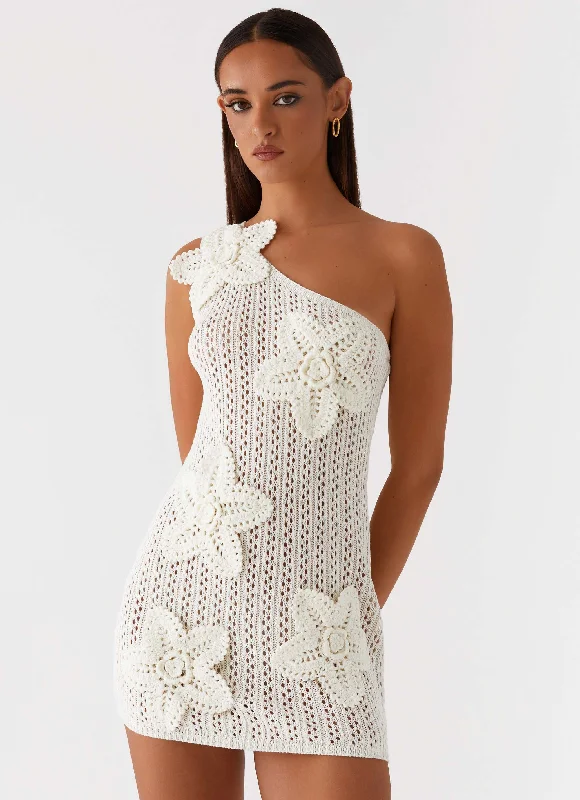 Faux Fur - Lined Casual Dresses for Winter Warmth Afterglow One Shoulder Crochet Mini Dress - Ivory Faux Fur - Lined Casual Dresses for Winter Warmth Afterglow One Shoulder Crochet Mini Dress - Ivory