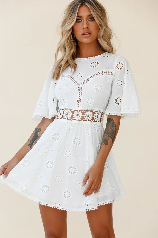 Mini dresses with mesh panels for a sexy and trendy look Anais Fluted Sleeve Exposed Back Broderie Anglaise Dress White Mini dresses with mesh panels for a sexy and trendy look Anais Fluted Sleeve Exposed Back Broderie Anglaise Dress White