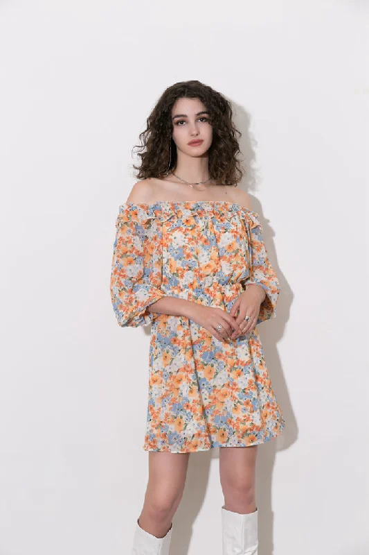 Metallic - Accented Casual Dresses for a Shiny Finish Floral Off The Shoulder Mini Dress Metallic - Accented Casual Dresses for a Shiny Finish Floral Off The Shoulder Mini Dress