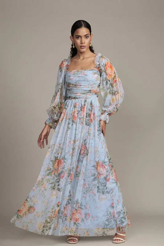 Long - Sleeve Casual Dresses in Lightweight Fabrics​ Lana Maxi Dress in Blue Floral Print