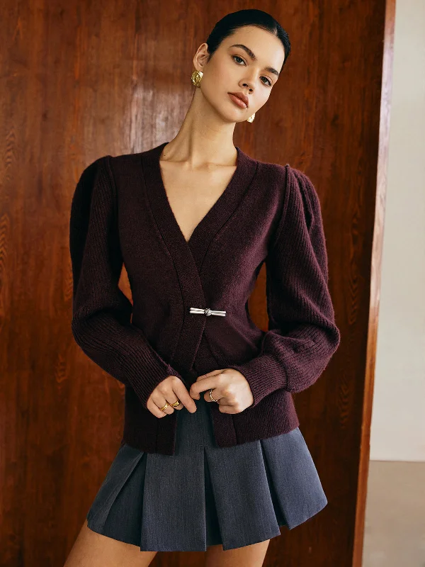 Modal Casual Dresses in Smooth Textures​ V-Neck Puff-Sleeve Cardigan