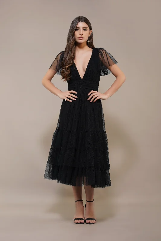 Zip - Front Casual Dresses for Easy On and Off​ Madison Black Tulle Bridesmaid Midi Dress