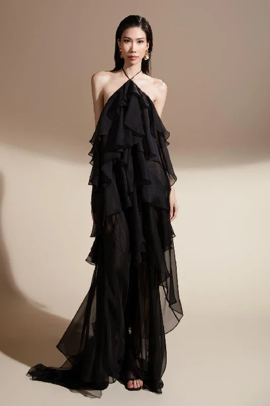 Smocked Waist Casual Dresses for Comfort Zelda Halter Ruffle Trim Organza Voile Floor Length Dress Smocked Waist Casual Dresses for Comfort Zelda Halter Ruffle Trim Organza Voile Floor Length Dress