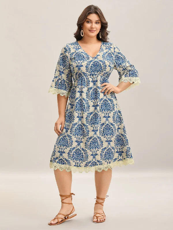 Detachable - Sleeve Casual Dresses for Versatility Damask Print Lace Detail Midi Dress Detachable - Sleeve Casual Dresses for Versatility Damask Print Lace Detail Midi Dress