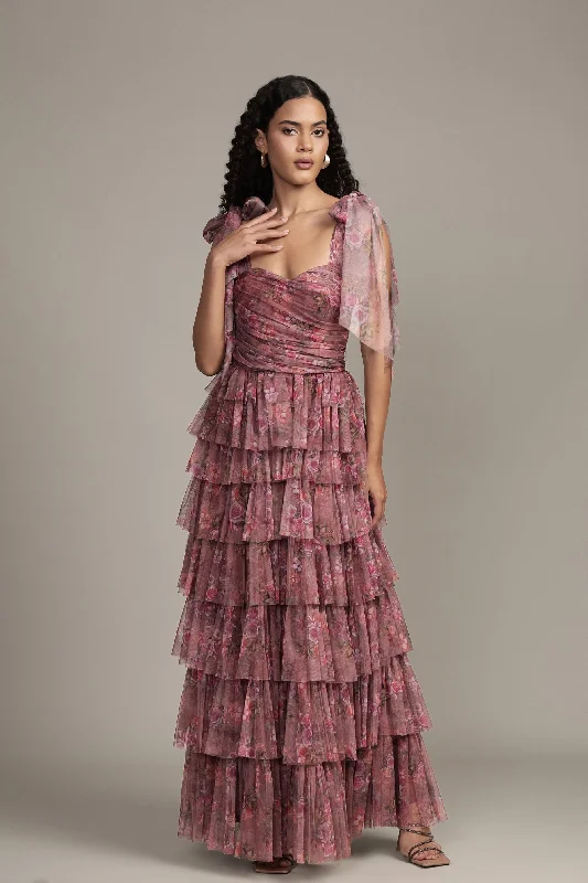 Glittery Casual Dresses for a Sparkly Effect Ophelia Purple Floral Maxi Dress with Tie Detail Glittery Casual Dresses for a Sparkly Effect Ophelia Purple Floral Maxi Dress with Tie Detail