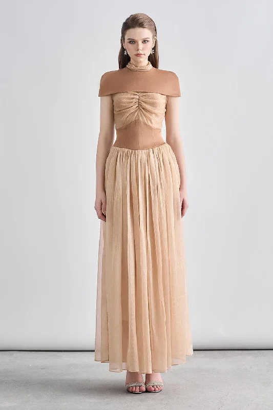 Solid Color Casual Dresses in Earth Tones Kathryn Fit and Flare Cape Shoulder Chanel Maxi Dress Solid Color Casual Dresses in Earth Tones Kathryn Fit and Flare Cape Shoulder Chanel Maxi Dress