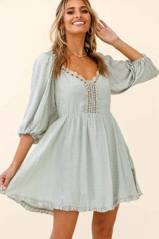 Mini dresses with ruched bodices for a feminine touch Dream Lover Puff Sleeve Crochet Insert Dress Olive Mini dresses with ruched bodices for a feminine touch Dream Lover Puff Sleeve Crochet Insert Dress Olive