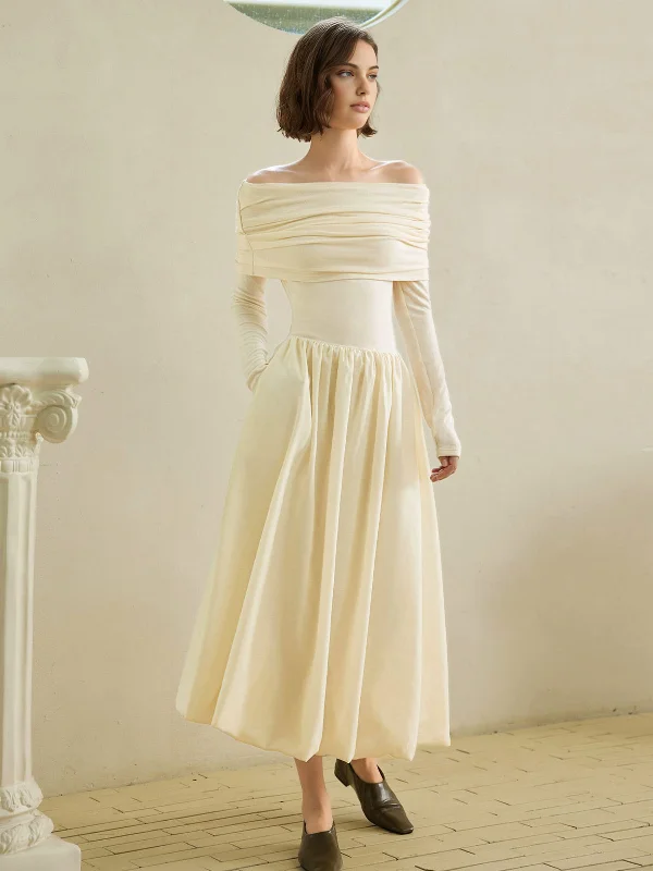DIY - Inspired Casual Dresses with Customizable Elements Off-Shoulder Bud Waist Pleated Knit Dress DIY - Inspired Casual Dresses with Customizable Elements Off-Shoulder Bud Waist Pleated Knit Dress