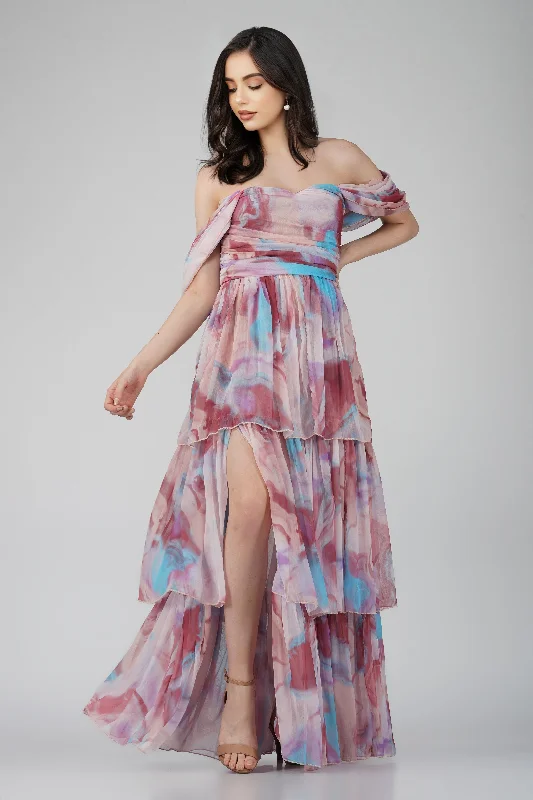Upcycled Casual Dresses for an Eco - Conscious Choice Sydney Chiffon Maxi Dress in Burgundy Print Upcycled Casual Dresses for an Eco - Conscious Choice Sydney Chiffon Maxi Dress in Burgundy Print